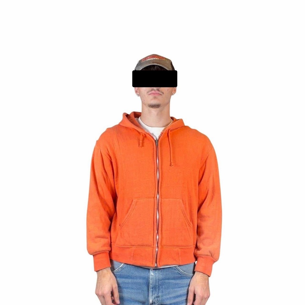 60s Vintage Orange Thermal Lined Zip Up Hoodie Sun Faded Boxy Fit BW Zipper Med